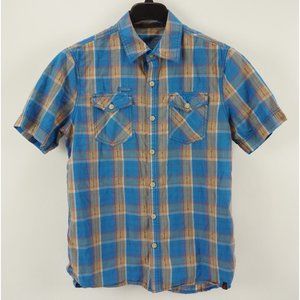 Gramicci Mens Small Short Sleeve Blue Cotton Southwestern Tartan Button Up Shirt